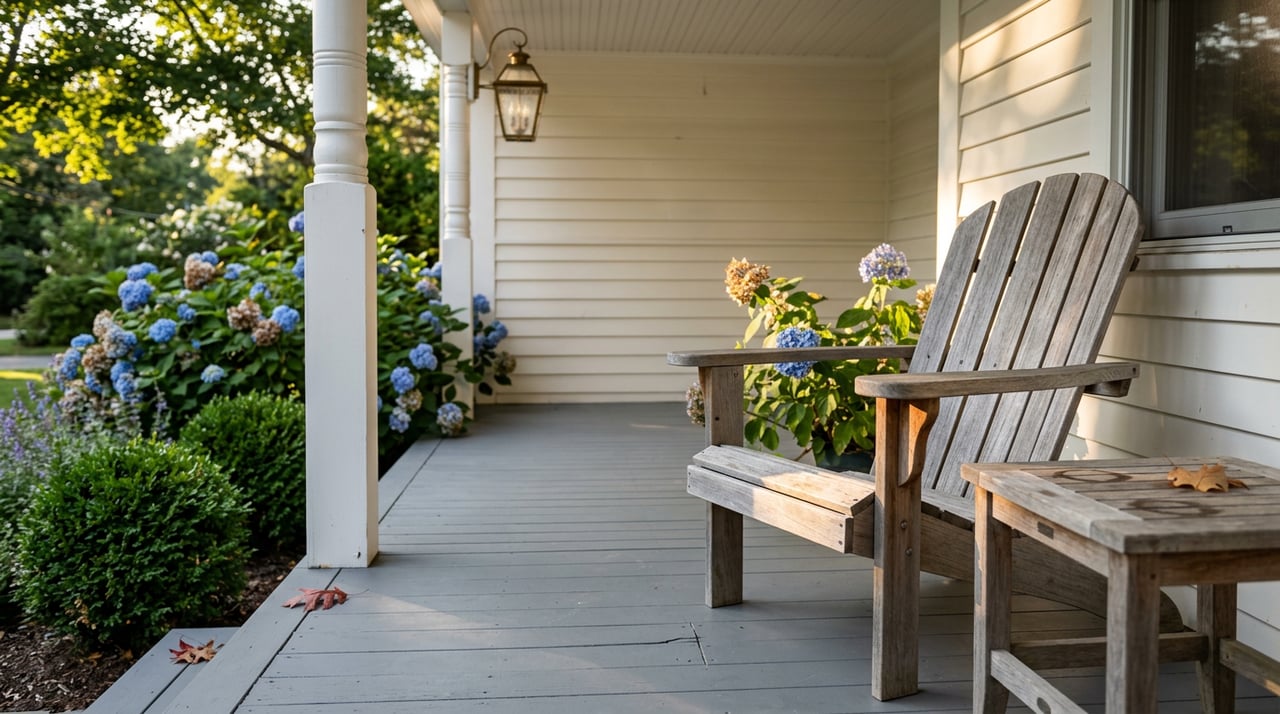 Weathered teak lounge chair beside a white porch post, with blue hydrangeas in warm evening light.