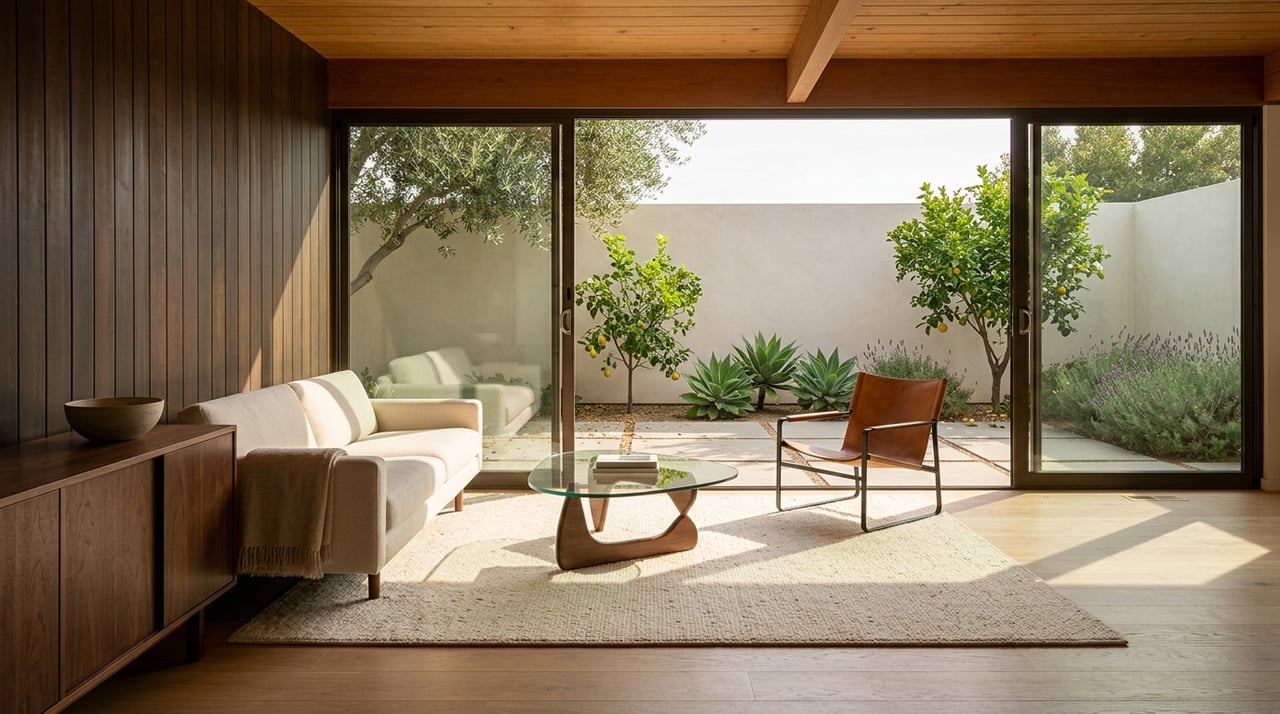 Wood-paneled living room with a cream sofa and sliding glass doors overlooking a small courtyard garden.