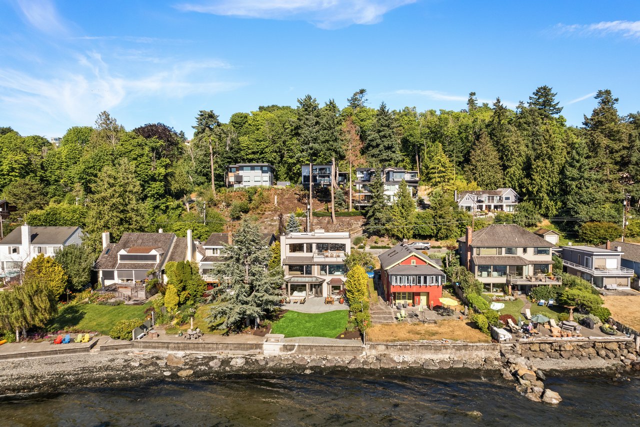 row of Seattle beach houses along the waterfront on Beach Dr SW