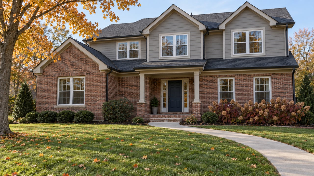 A two-story brick and gray-sided home beyond a deep green lawn, with an amber maple and a curved concrete entry walk.