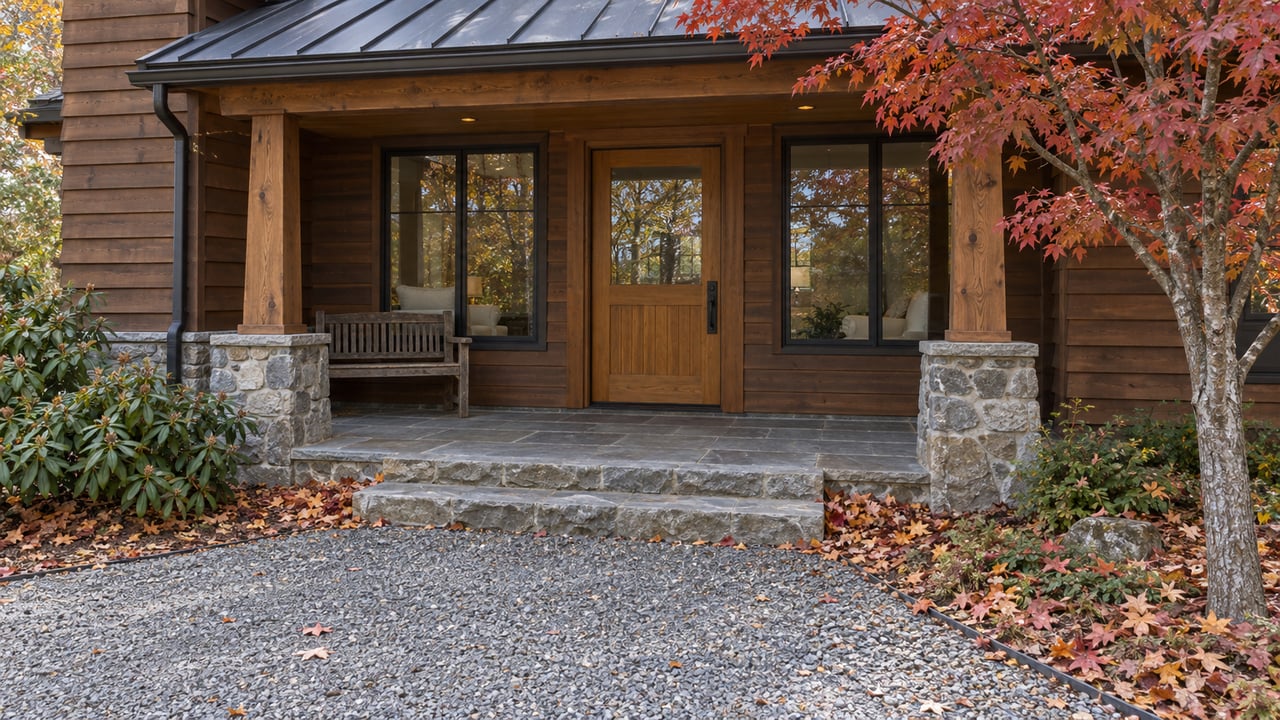 Wood-sided home with a covered stone porch, timber posts, honey-toned entry door and red maple leaves beside a gravel approach.