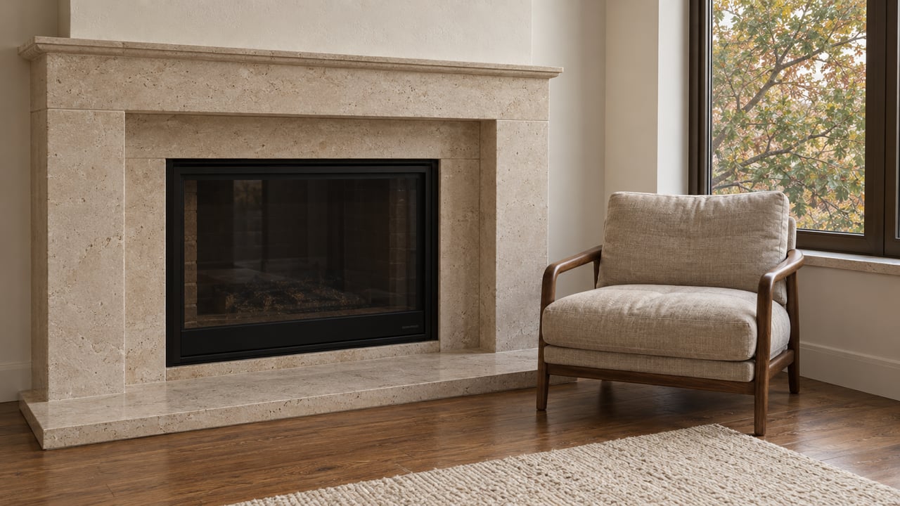 A limestone fireplace and oatmeal lounge chair in a sunlit condominium living room with oak floors and bronze-framed glazing.
