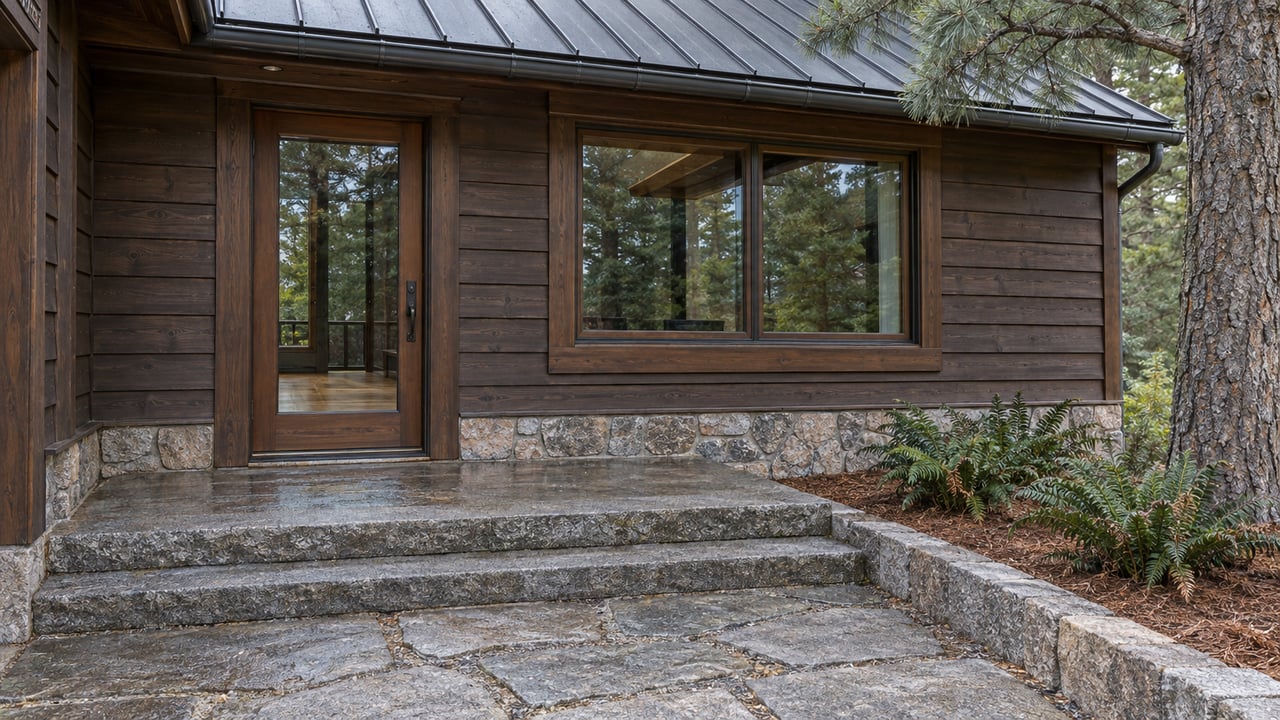 Timber cottage entry with a glazed wood door, granite steps and a mature white pine in cool late-autumn light.