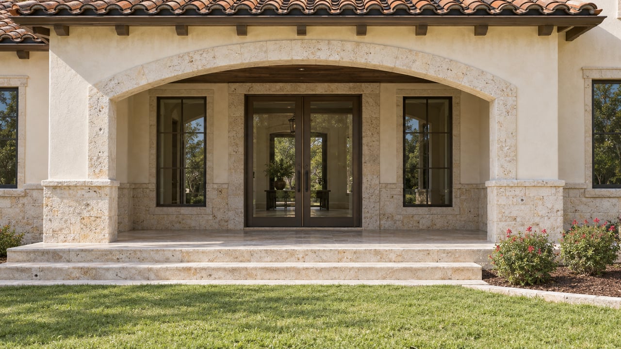 Limestone arch and glazed double entry doors beneath a clay-tile roof, with broad stone steps and a clipped lawn.