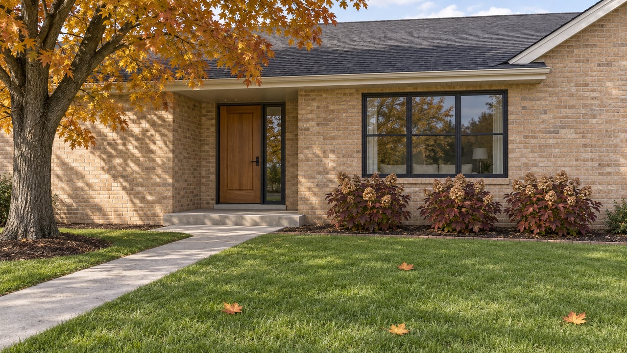 Buff-brick house with a recessed oak front door, black divided-pane window and a concrete walk crossing a deep autumn lawn.