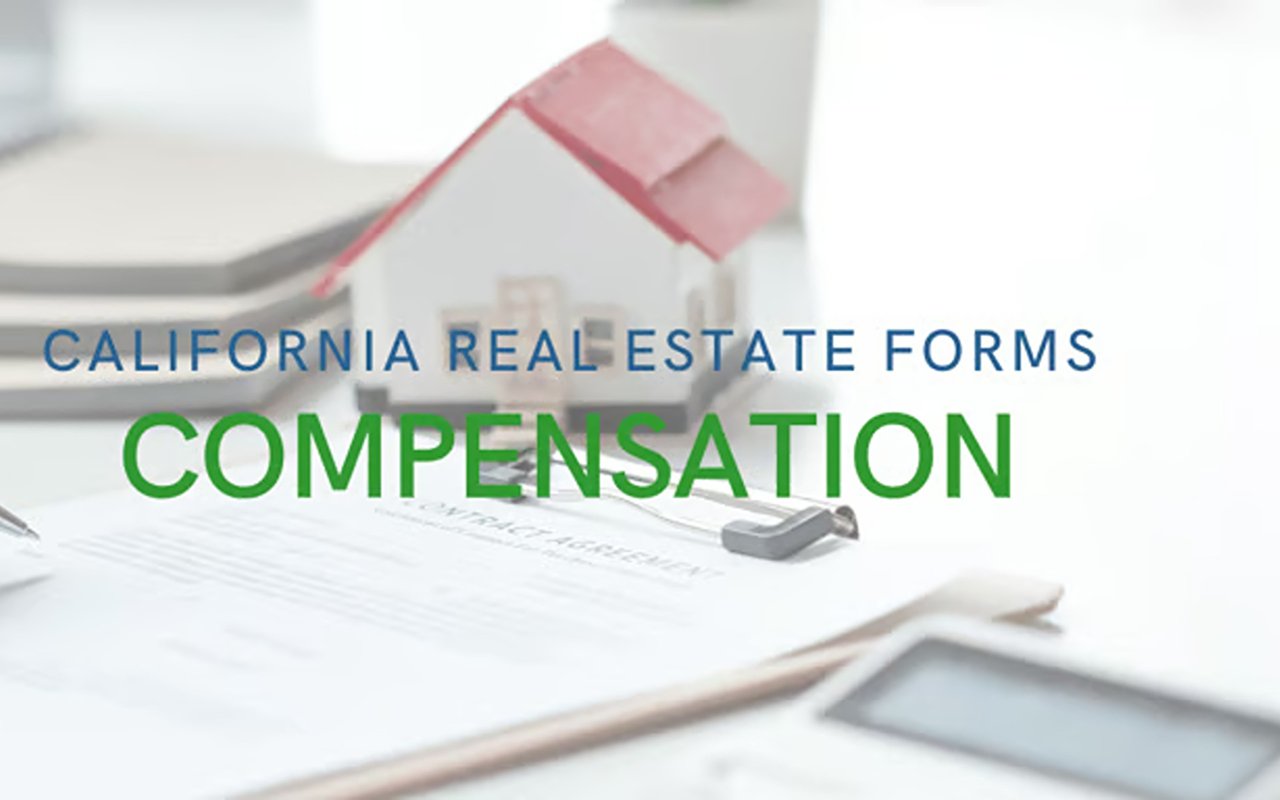 California real estate forms compensation graphic with a model house and paperwork.