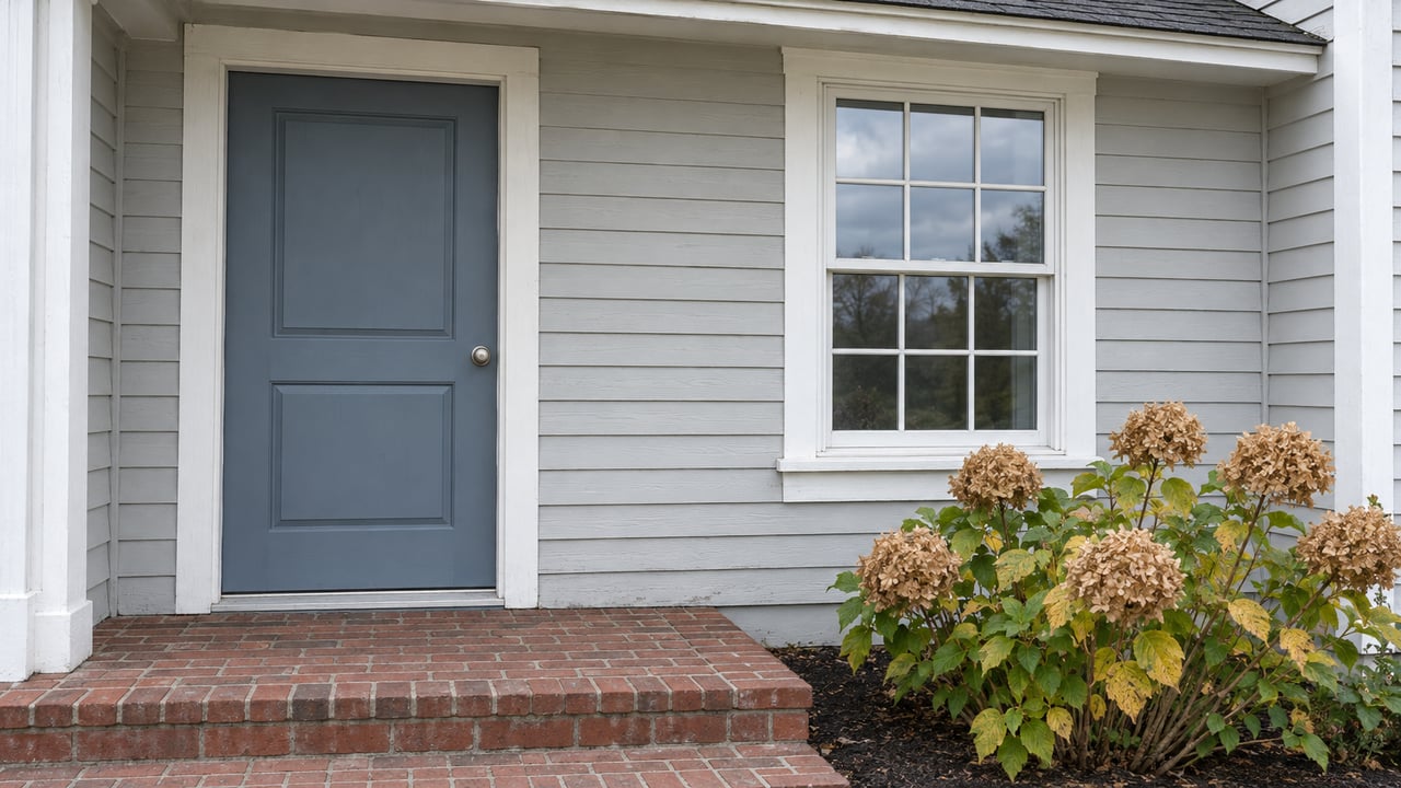 Gray clapboard home entry with a blue-gray door, white sash window, weathered brick landing, and autumn hydrangea.