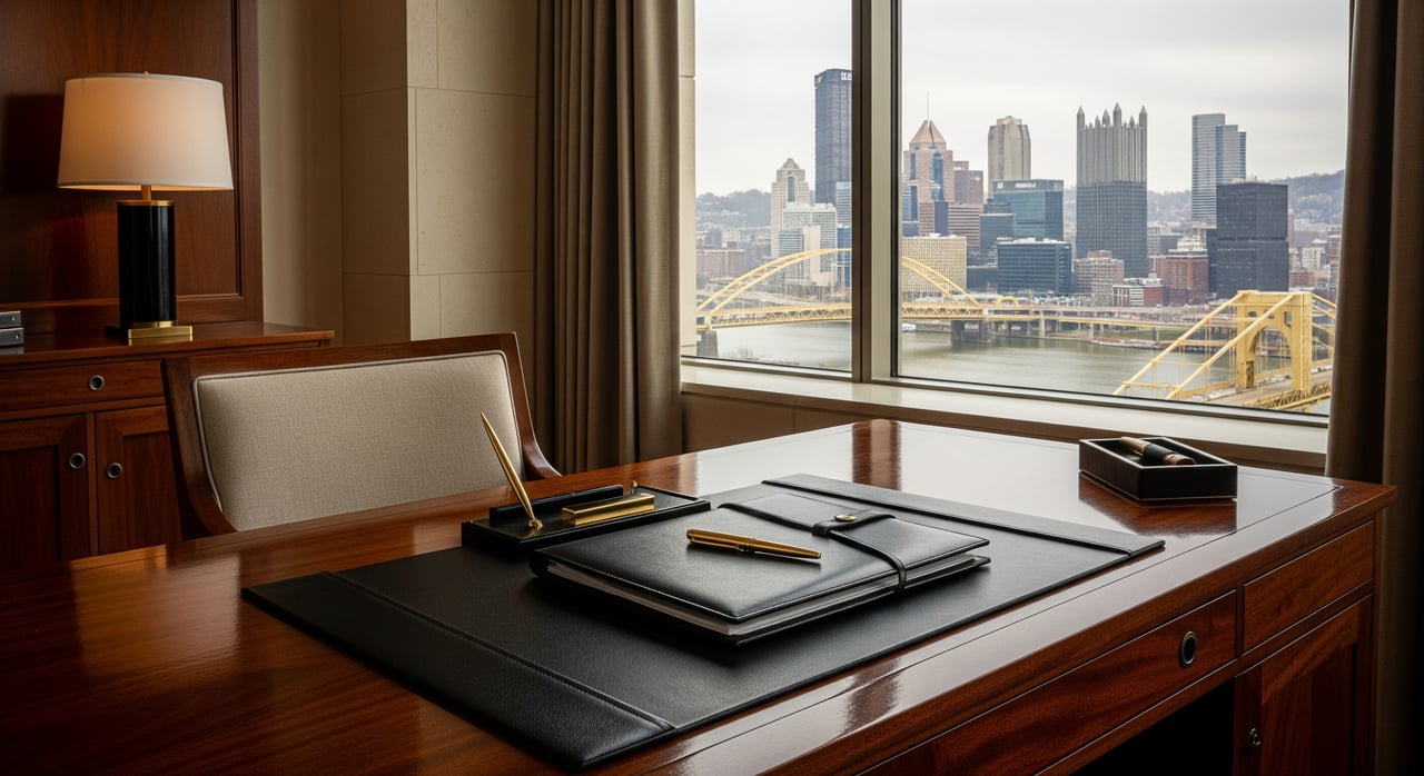 Leather-topped office desk overlooking a river, yellow bridge, and Pittsburgh skyline through a large window.