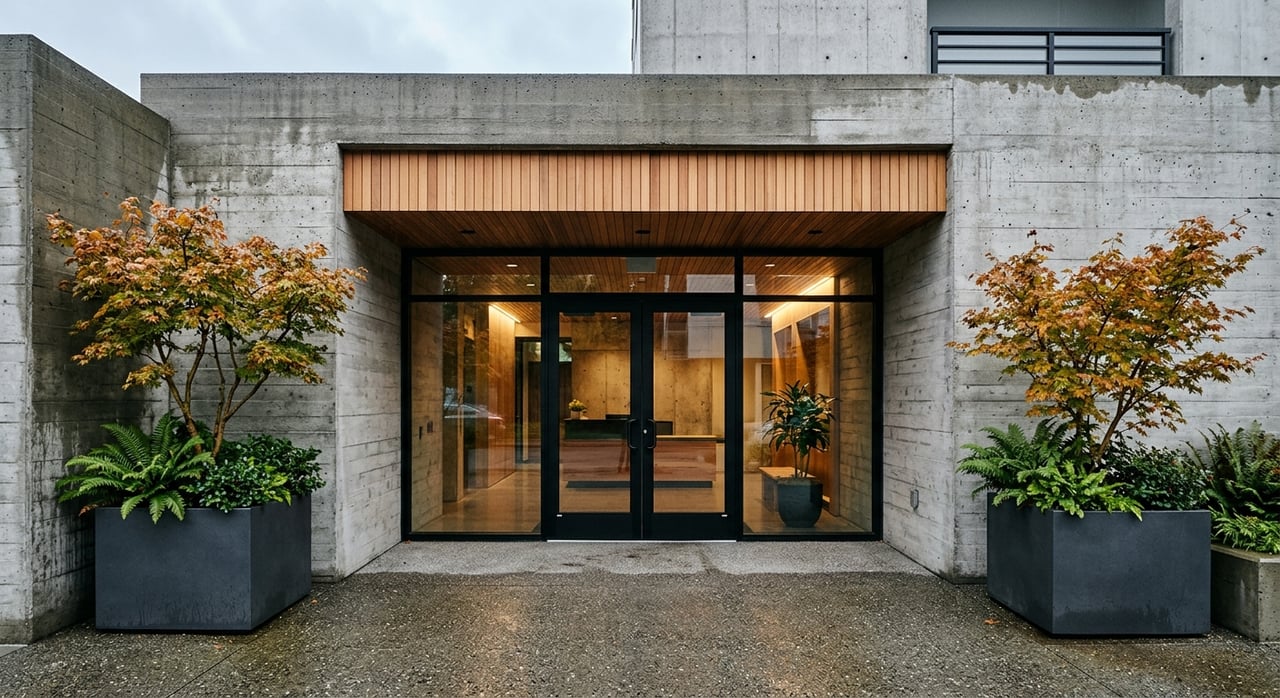 Condo entrance with a glass door, board-formed concrete walls, cedar soffit, wet plaza, and leafy planters.