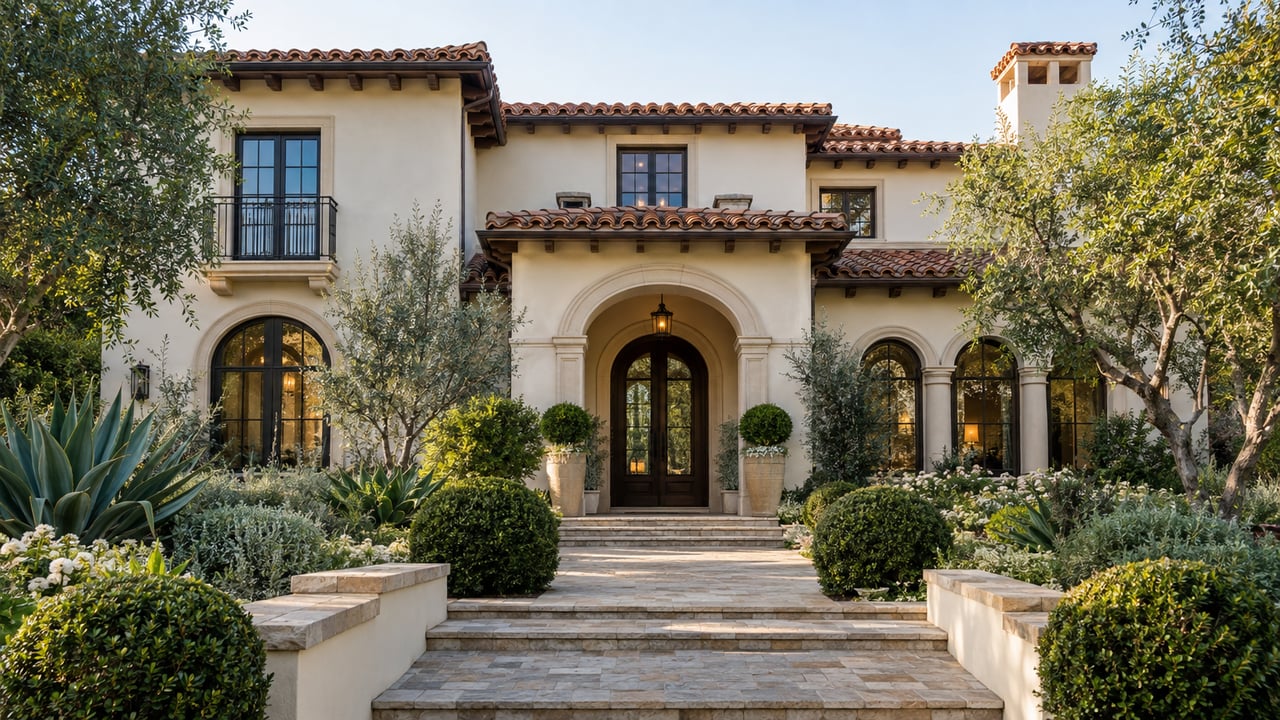 Mediterranean home with an arched timber entry, tiled eaves, olive tree, and limestone path across a lawn.
