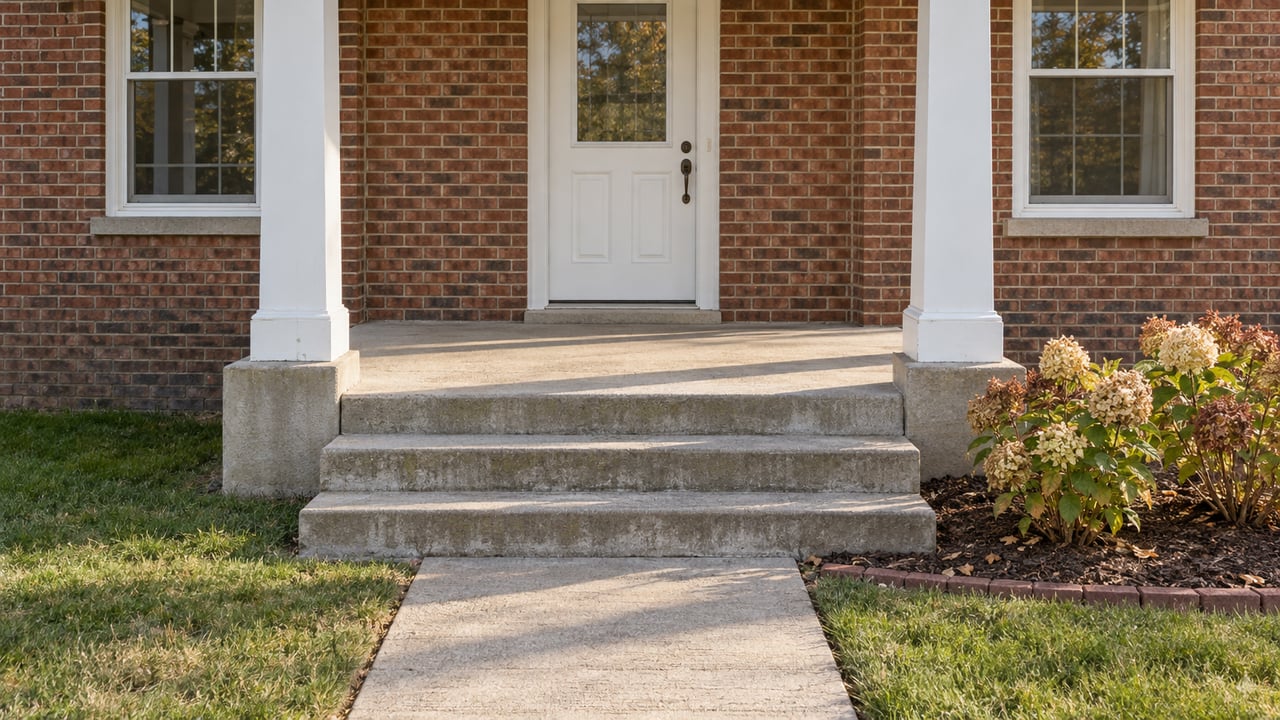 Brick home entry with white porch columns, broad concrete steps, lawn and two autumn hydrangeas.