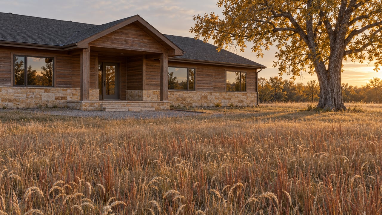 A low timber-and-stone home sits beyond an autumn meadow beside a mature golden-leaved cottonwood in warm evening light.