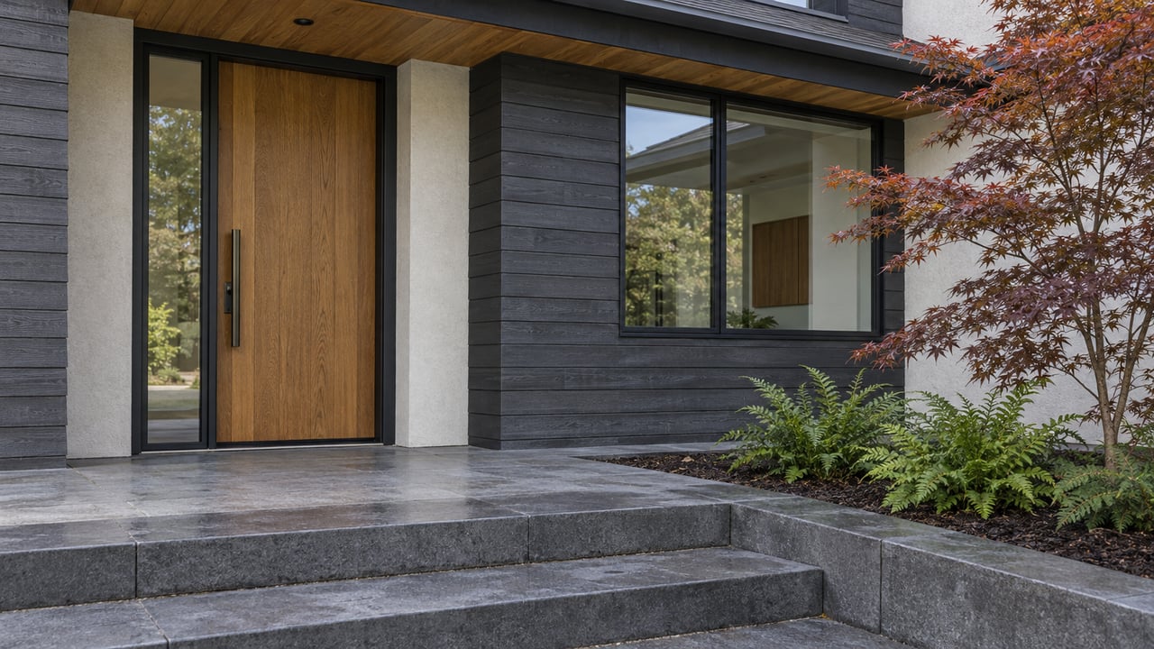 Sheltered modern home entry with oak door, charcoal siding, basalt steps and a bronze-red Japanese maple.