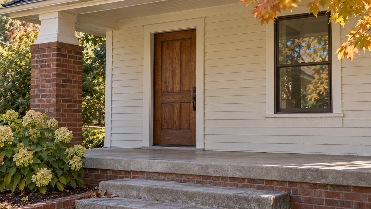 A weathered oak door and dark-framed window sit beneath a porch roof beside a brick pier and concrete steps.