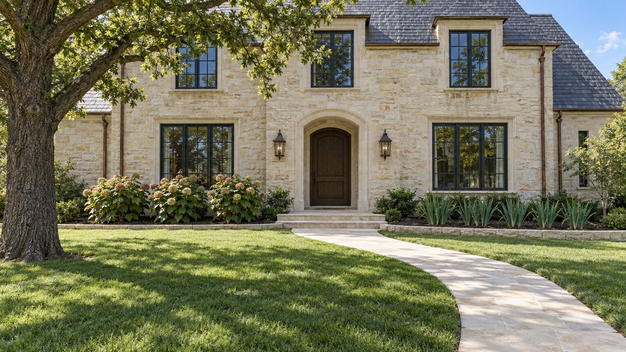Limestone home with a curved stone walk across a deep lawn, a spreading bur oak and layered planting beside the entry.