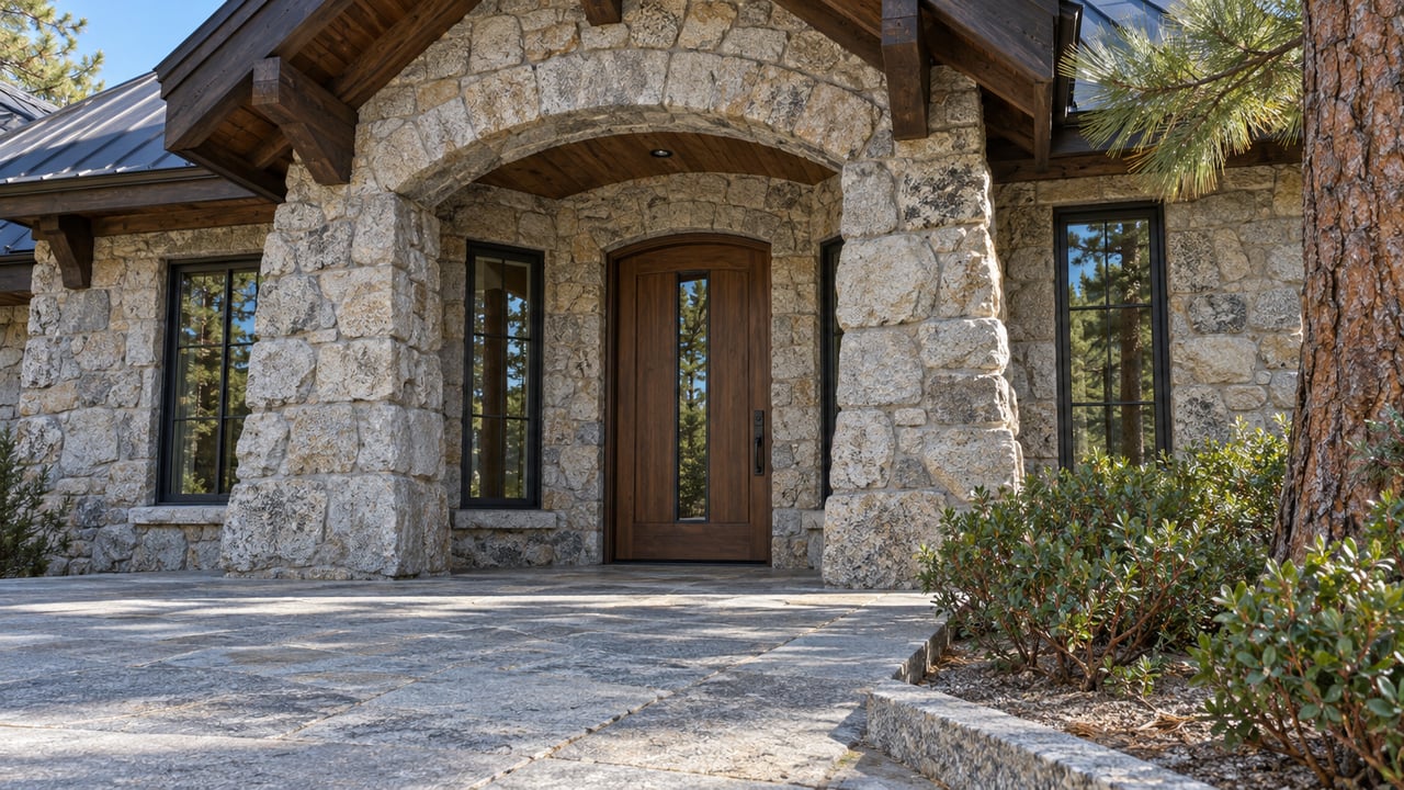 Granite-clad home entrance with a dark steep gable, timber door, paired windows, and native pine and manzanita planting beside a stone landing.