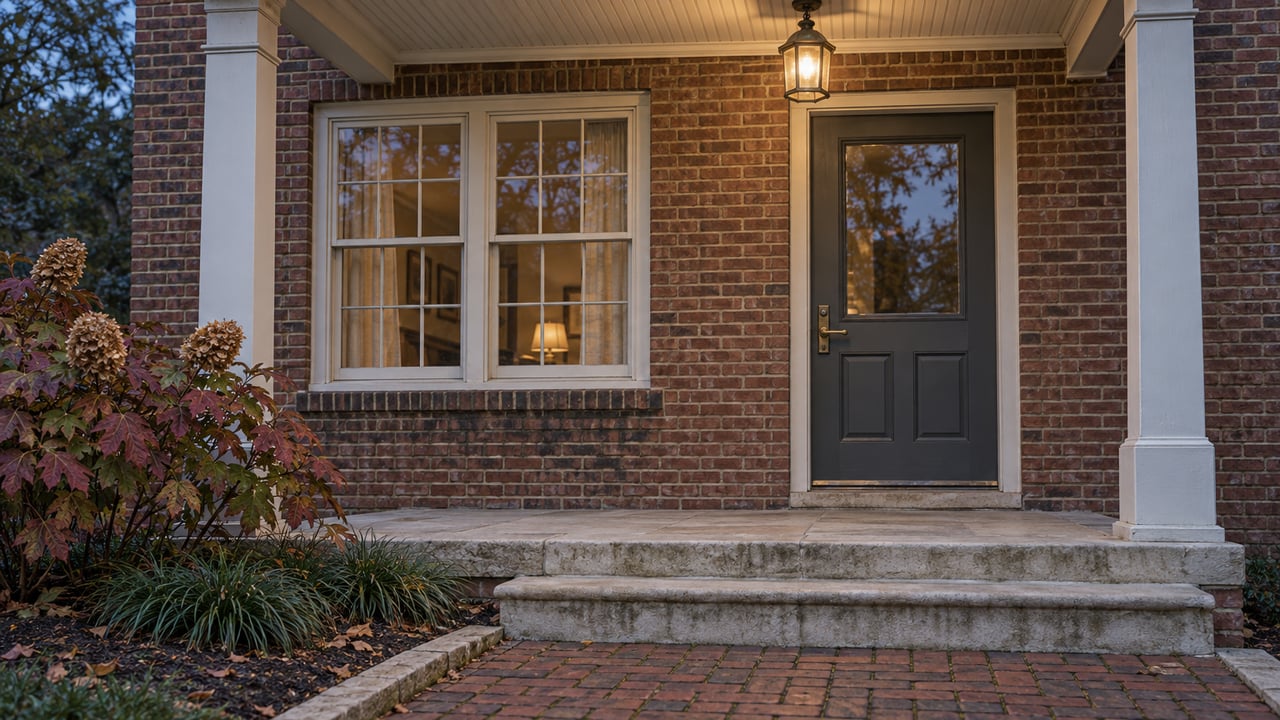 Brown-red brick home entrance at blue hour with a charcoal door, limestone steps, ivory window trim, and autumn oakleaf hydrangea.