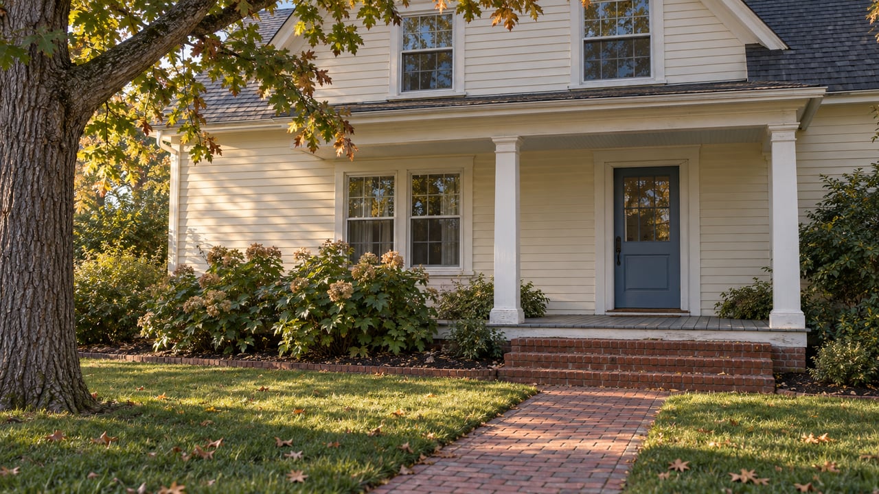 Ivory clapboard house with a covered porch, brick front walk and broad lawn beneath a mature oak in early autumn afternoon light.
