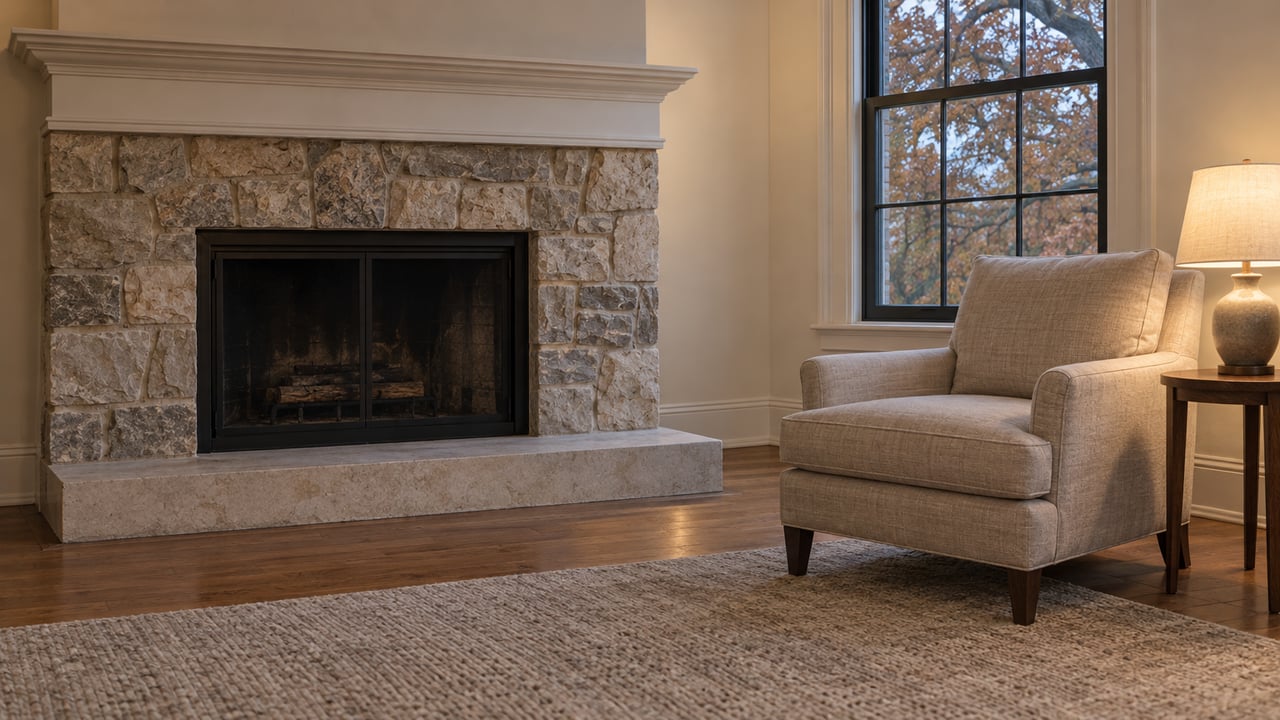 A quiet living room with a limestone fireplace, oatmeal linen armchair, oak flooring and a softly glowing table lamp beside a closed window.