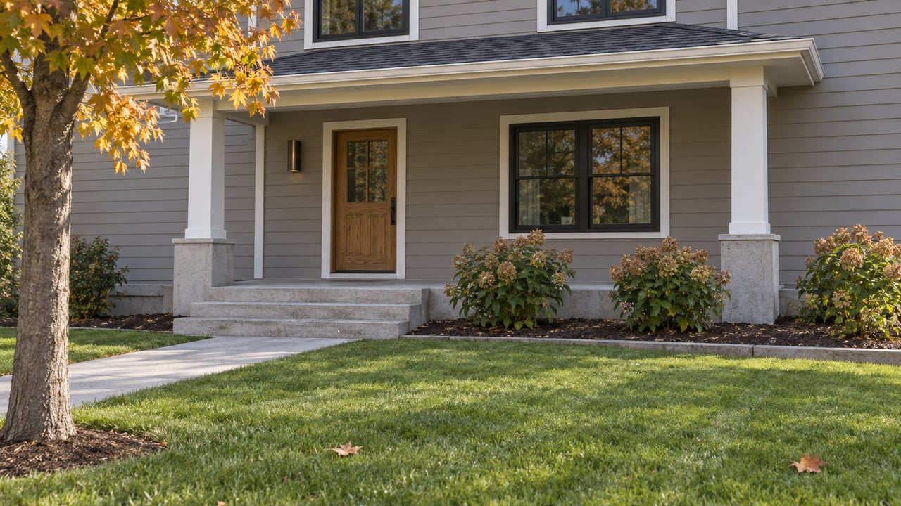 Covered entry of a gray-sided home with black-framed windows, concrete steps, autumn hydrangeas and a maple tree beside a deep green lawn.