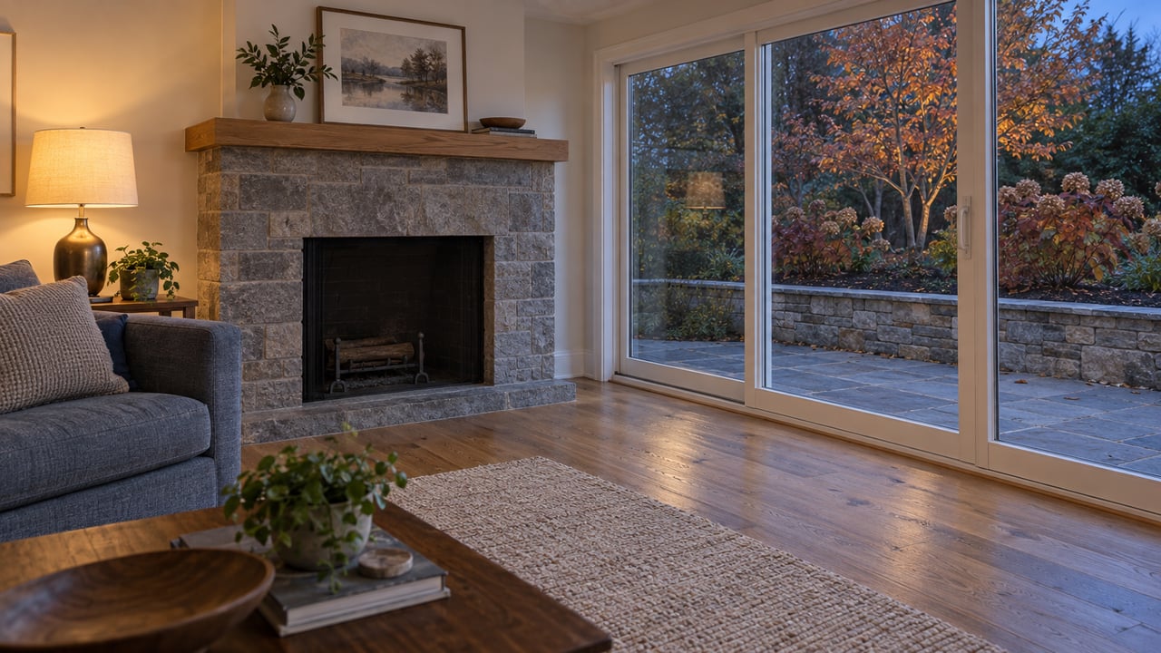 Blue-hour living room with a gray stone fireplace, slate-blue sofa, oak floors and closed glass doors overlooking an autumn-planted stone terrace.
