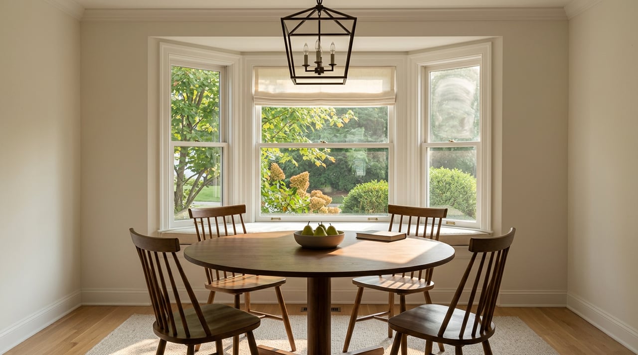 Dining table with a bowl of three pears beside a sunlit, three-panel bay window.