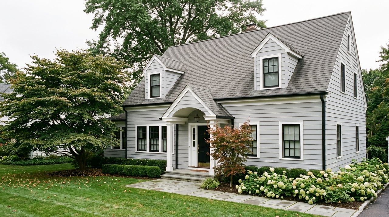 Gray clapboard house with gabled roof, dormer windows, covered entry, and mature beech tree beside a broad lawn.