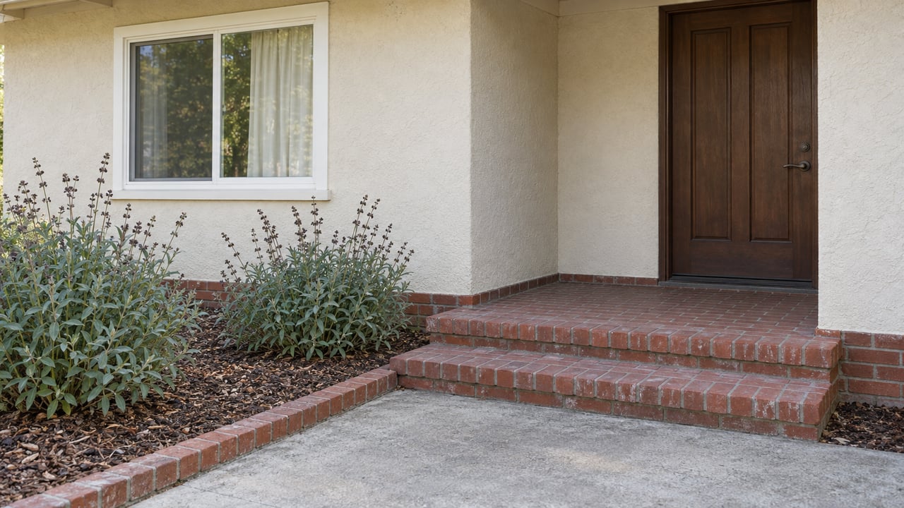 A modest ivory stucco home entry with a dark wood door, weathered brick steps and two gray-green sage plants beside a concrete walk.