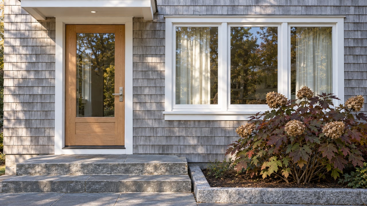 Pale gray shingled home with a glazed oak entry door, white-trimmed window, bluestone steps, and bronze-leaved oakleaf hydrangea.