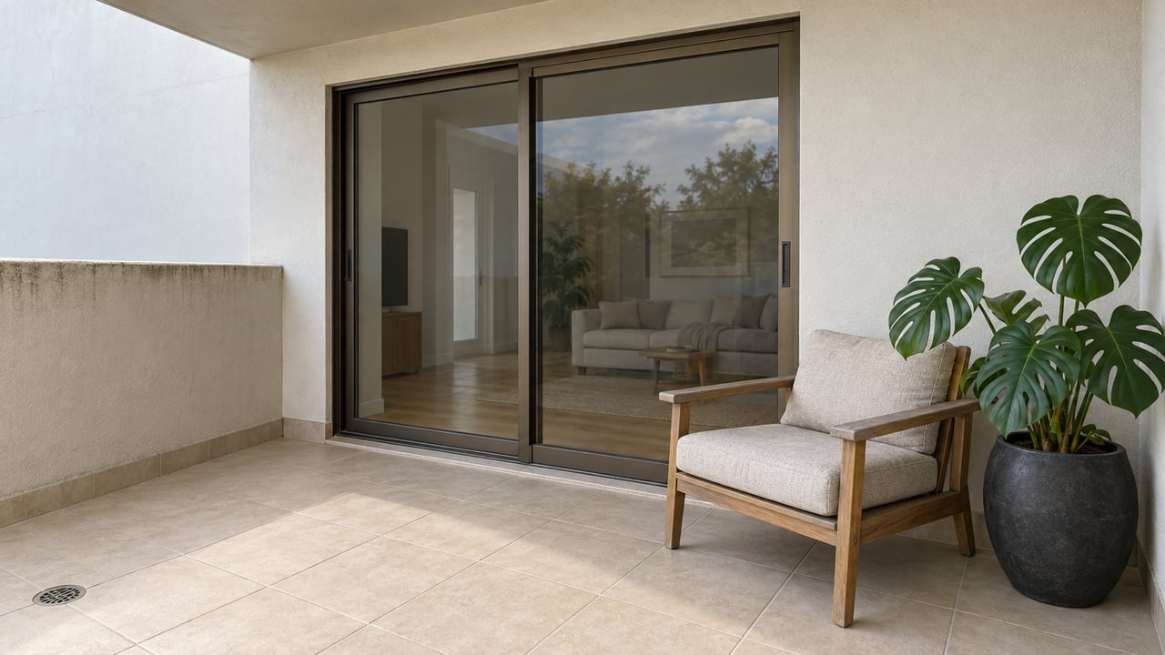 A compact condo lanai with pale tile, a teak chair and one potted monstera beside closed sliding glass doors.