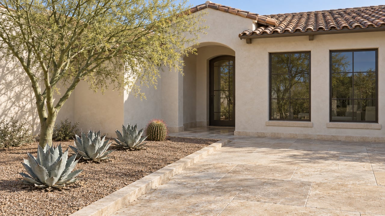 Sunlit ivory stucco home with a recessed arched glass entry, terracotta roof, limestone approach and sculptural desert planting.
