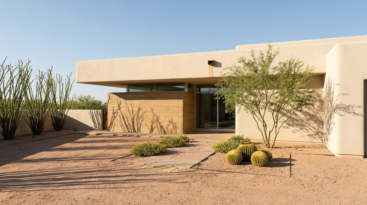 Desert-modern stucco home above a granite motor court, with ocotillo, palo verde, and barrel cacti.