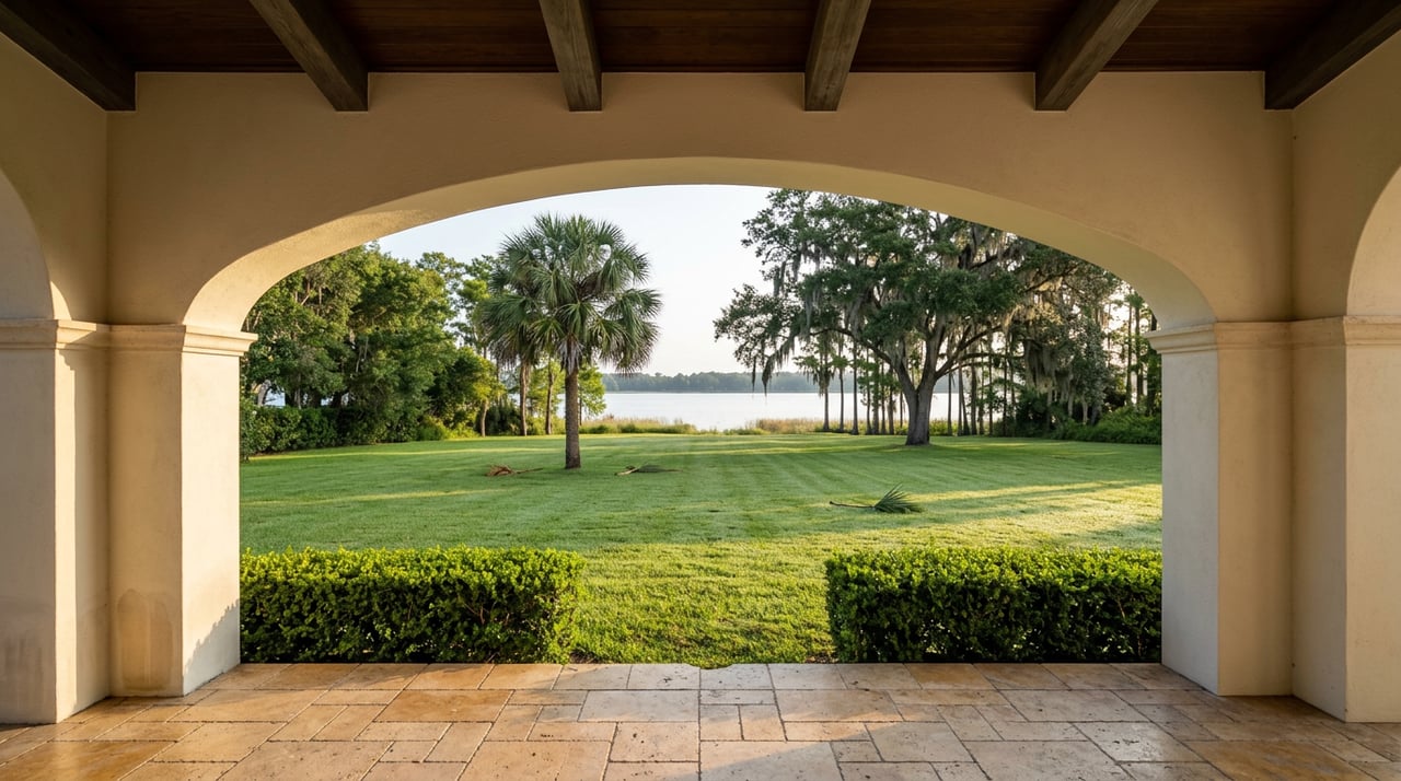 Ivory stucco loggia arch frames a manicured lawn, sabal palm, moss-draped oak, and still water.