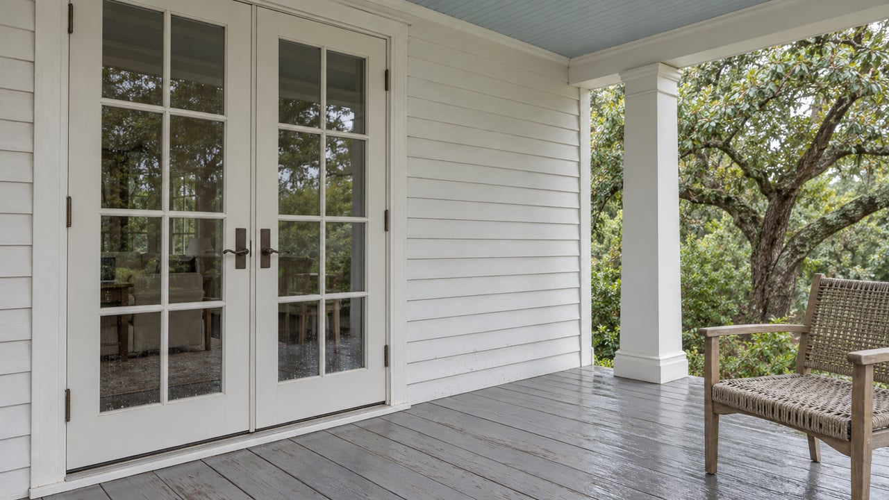 Covered porch with white clapboard siding, closed glazed French doors, gray painted floorboards and a woven teak chair beside an oak canopy.