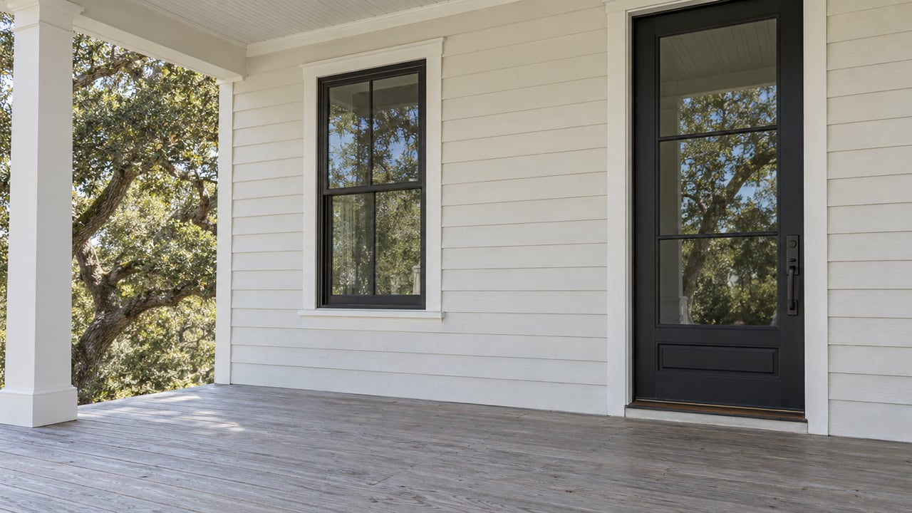 Covered porch with cream lap siding, black-framed entry door and window, silvered wood decking and a live oak beyond the column.