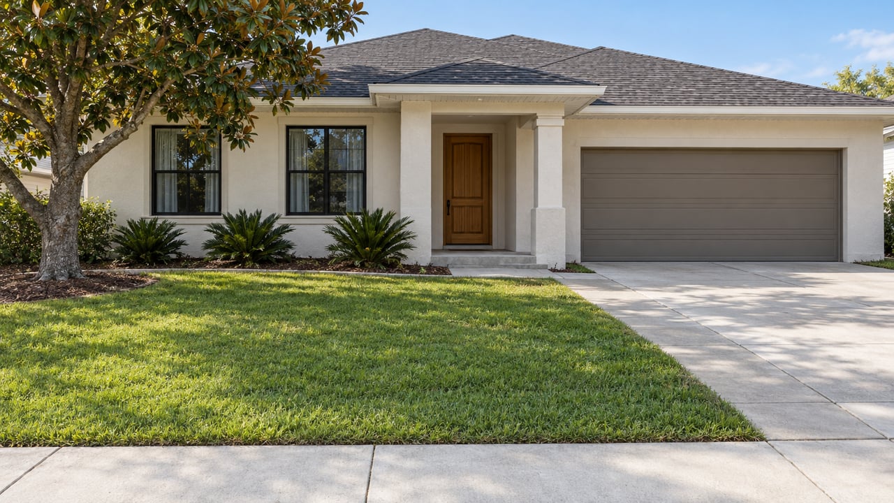 Single-story light stucco home with dark hip roof, recessed wood entry, black-framed windows and a deep front lawn in bright daylight.