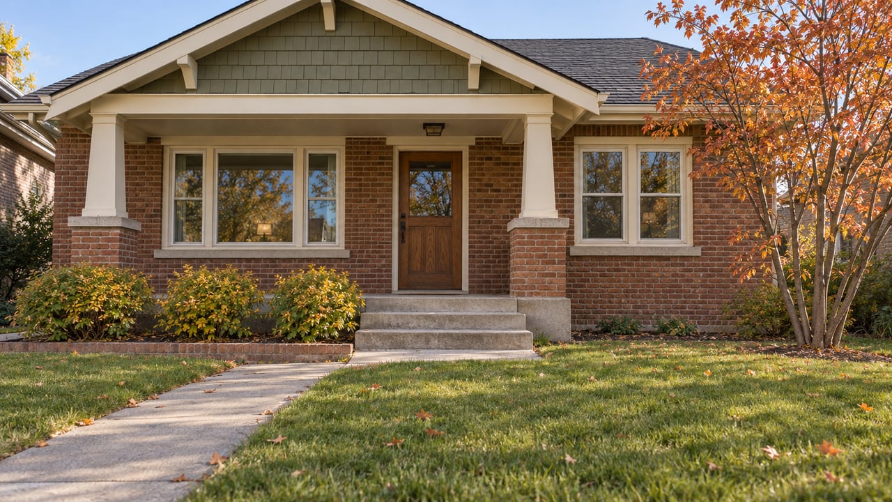 An autumn serviceberry beside a brick bungalow with olive shingle gable, cream trim, and a deep front lawn in warm afternoon light.