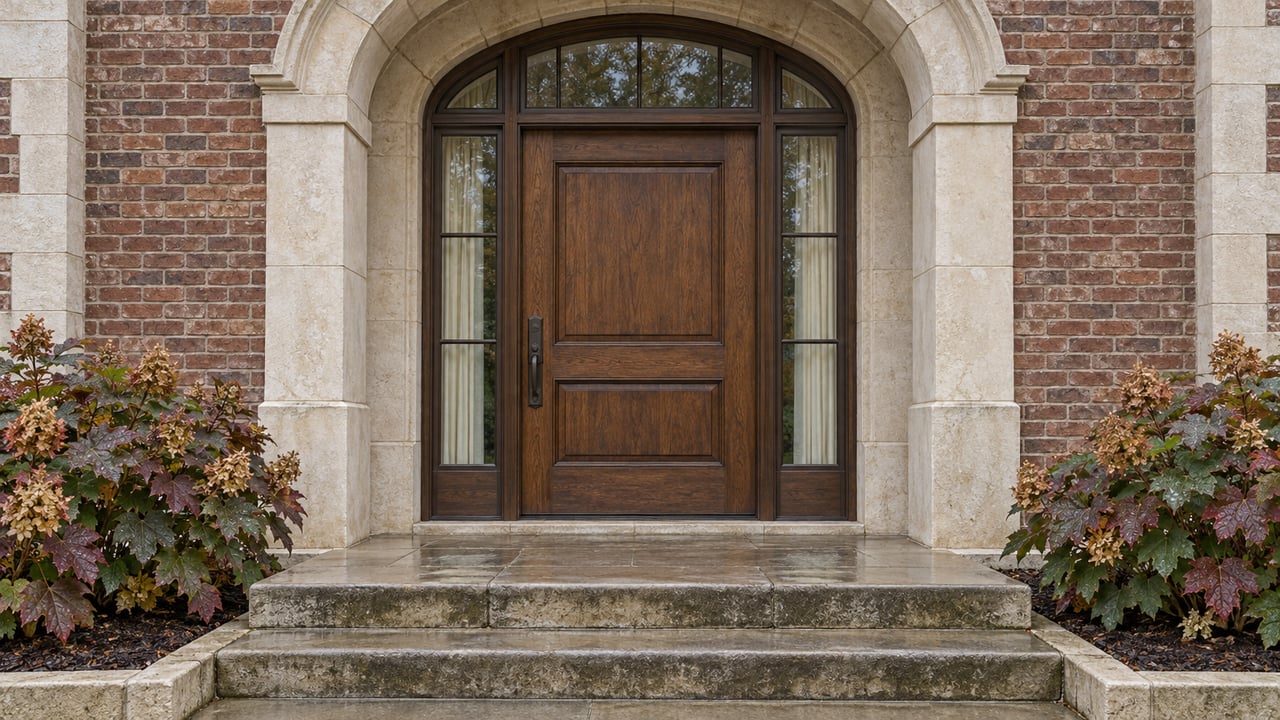 Rain-darkened limestone steps lead to an oak front door framed by a limestone arch, red-brown brick and autumn oakleaf hydrangeas.