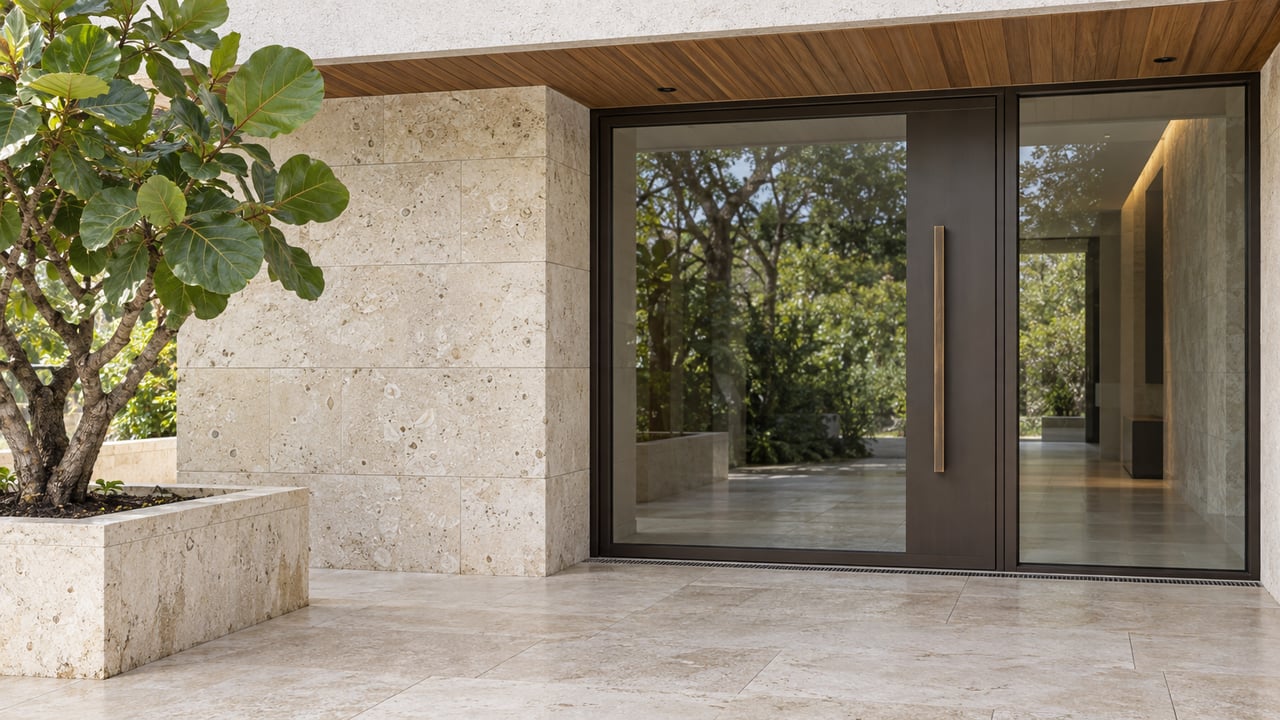 Modern home entrance with a glass door, limestone walls, wood soffit, and leafy tree in a stone planter.