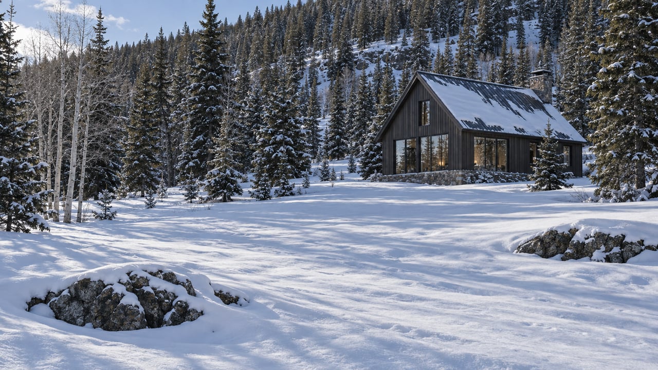 Snowbound mountain house with a dark gabled roof, nestled among trees above a broad snowy slope.
