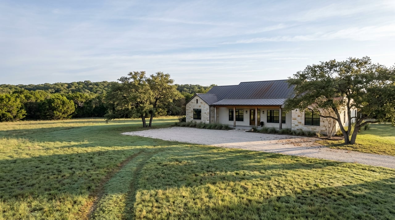 Stone-and-stucco house beyond a broad native-grass pasture, with a gravel drive, oak trees, and evergreen ridge.