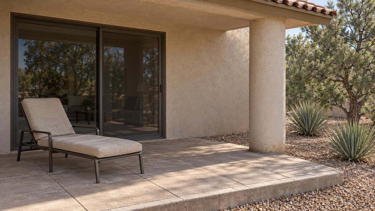 Covered tan-stucco home terrace with a bronze lounge chair, sliding glass door, buff paving and a gravel bed with a pinyon pine and two banana yuccas.