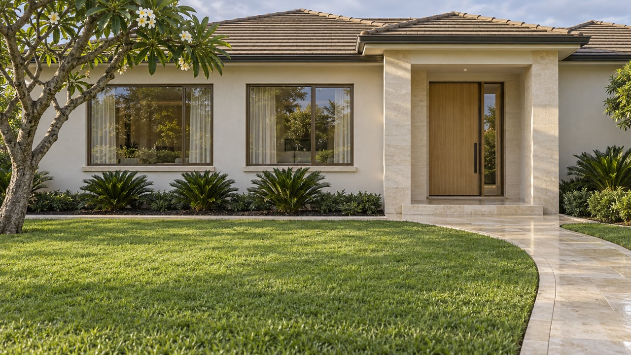 Ivory stucco home with a low tiled roof, bronze-framed windows and a limestone entry walk beyond a broad green lawn.