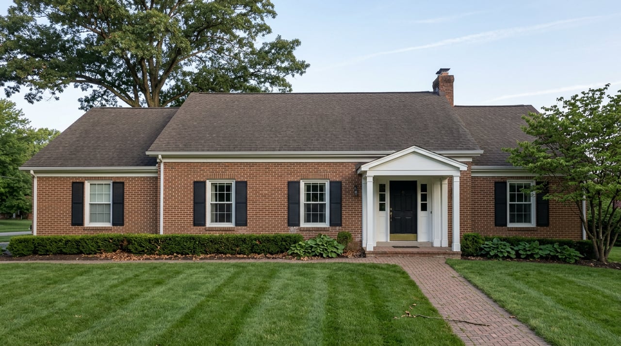 Brick colonial house with white-columned portico, broad sloping lawn, and mature oak overhanging the roof.