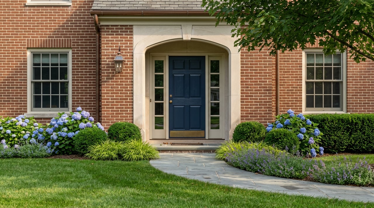 Brick entrance with arched limestone portico, navy door, blue hydrangeas, and curved bluestone path.