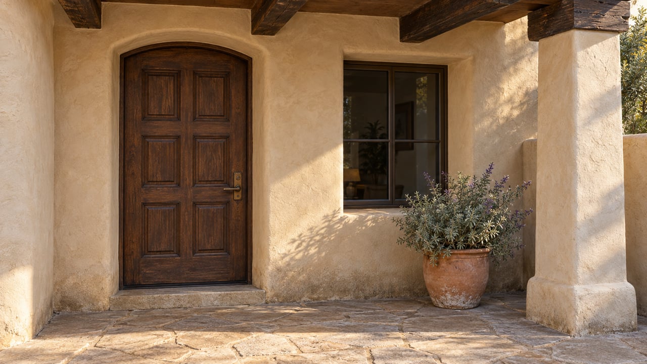 Late-afternoon light across a buff stucco home entry with a carved wooden door, exposed dark beams and potted silvery sage.