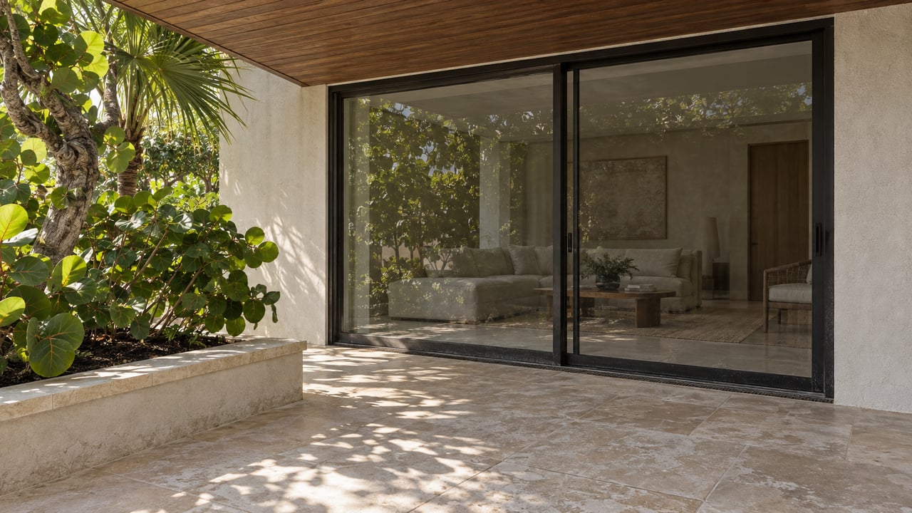 Closed dark-framed glass doors in a stucco terrace wall, beside a sea-grape planter.