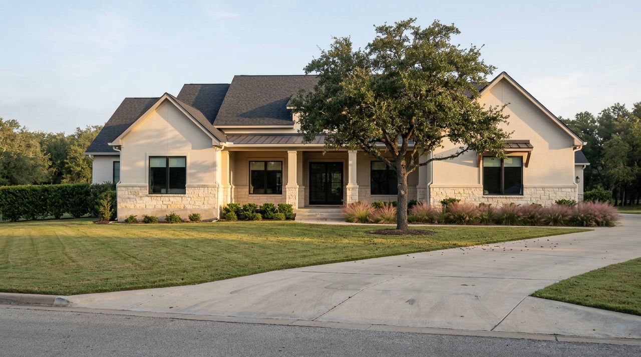 Stucco and limestone home with dark gabled roof, deep lawn, spreading live oak, and pink muhly grass.
