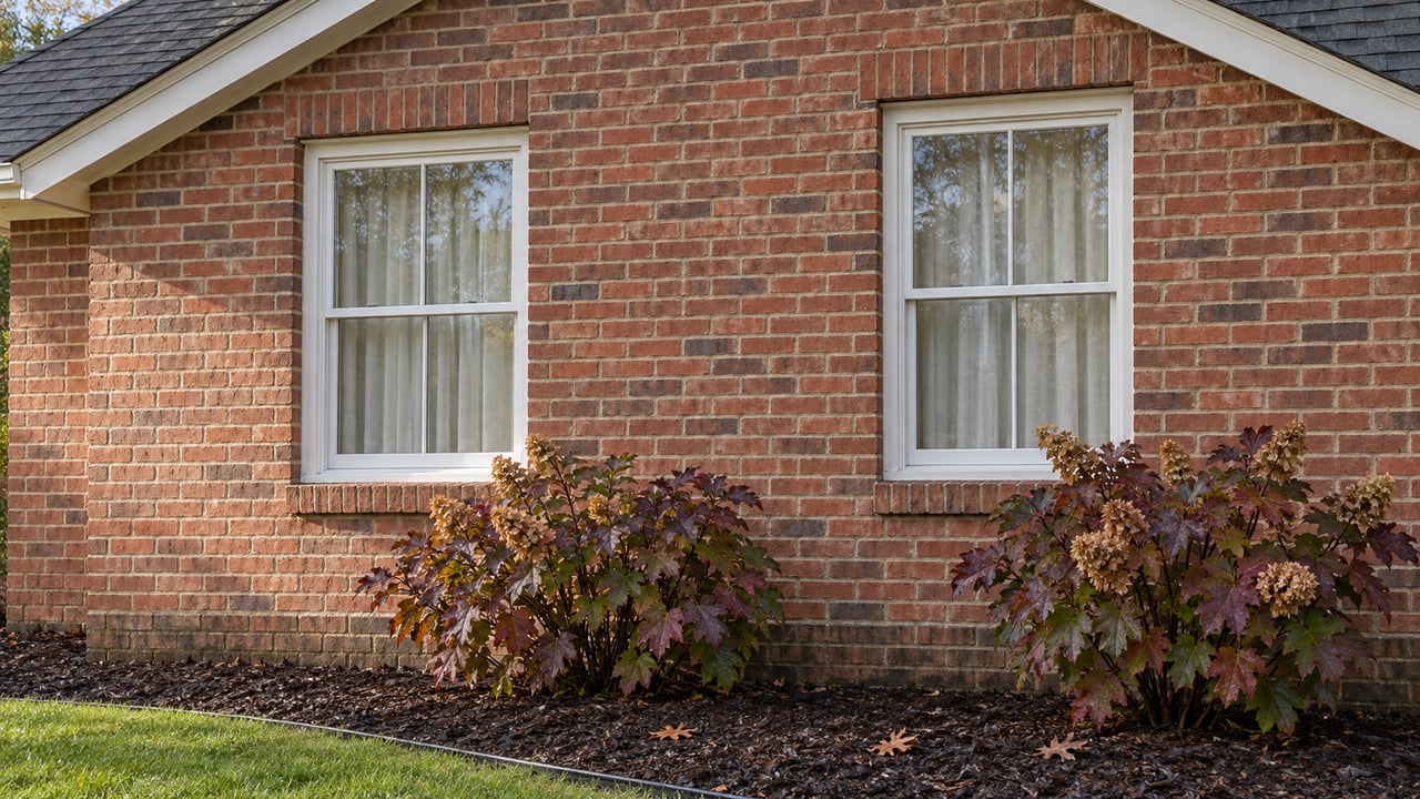 Red brick home with two white sash windows, a charcoal gable roof and autumn oakleaf hydrangeas beneath the sills.