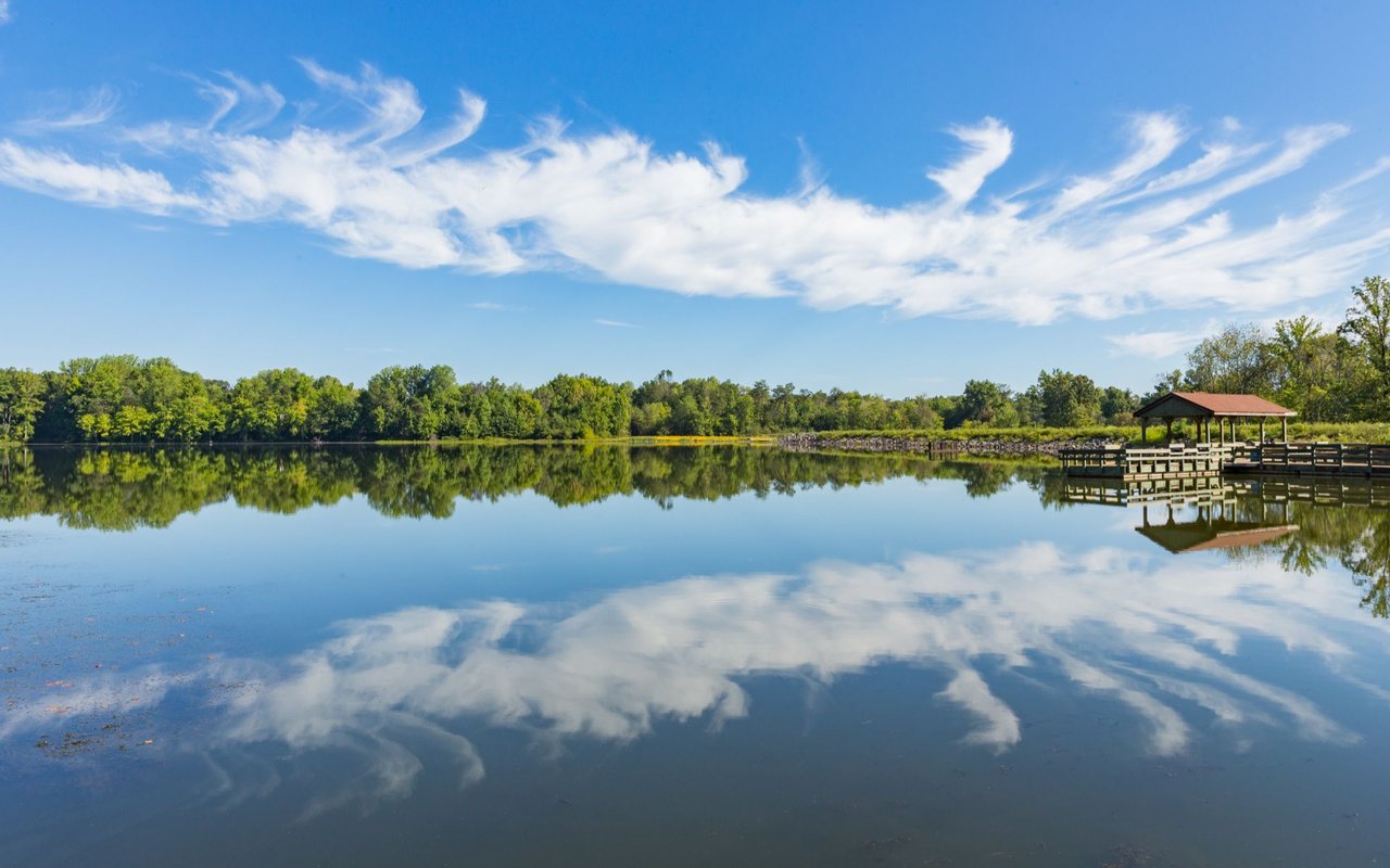 A tree-lined lake reflects wispy clouds beside a covered wooden dock.